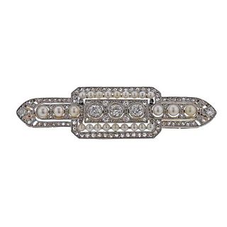 Art Deco Platinum Gold Diamond Pearl Brooch Pin