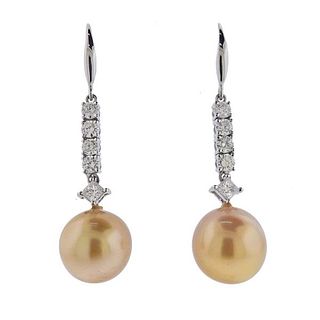 18k Gold Diamond South Sea Golden Pearl Drop Earrings