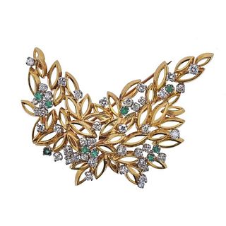 Vintage 18k Gold Diamond Emerald Brooch