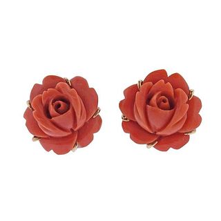 14k Gold Carved Coral Flower Earrings