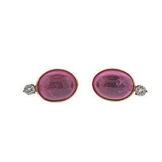 14k Gold Diamond Pink Tourmaline Stud Earrings
