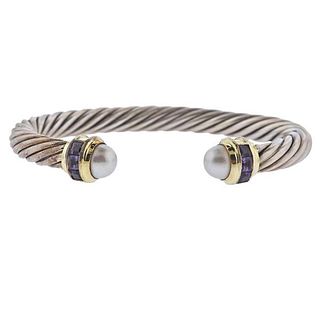 David Yurman 14k Gold Silver Pearl Amethyst Cable Bracelet