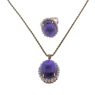 14k Gold Amethyst Pearl Ring Pendant Necklace Set