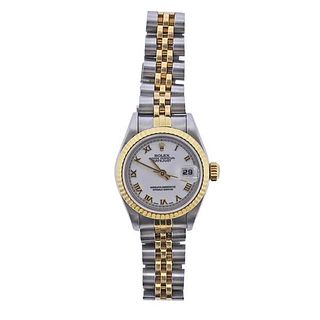 Rolex Datejust 18k Gold Steel White Roman Dial Watch 69173