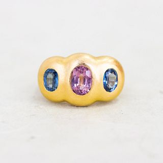 18k Pink & Blue Sapphire 3 Stone Flush Set Ring