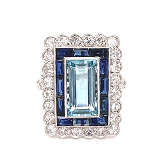Platinum Aqua Sapphire Diamond Ring
