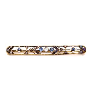 14k Art Nouveau Diamond Pearl Sapphire Brooch
