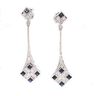Art Deco Platinum Sapphire Diamond Long Drop Earring