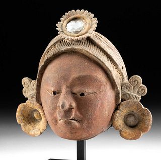Fine Maya Pottery Funerary Mask w/ Mica Inlay