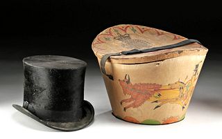 19th C. Lakota Beaver Top Hat + Box, Timothy W. Audiss