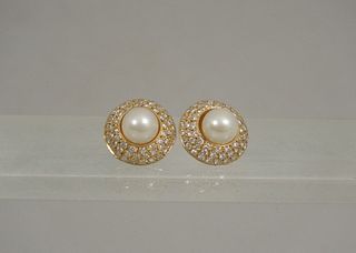 Pair of Yellow Gold, Pearl & Diamond Earrings.