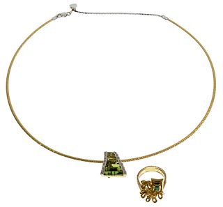 18k Yellow Gold, Semi-Precious Gemstone and Diamond Pendant and Ring