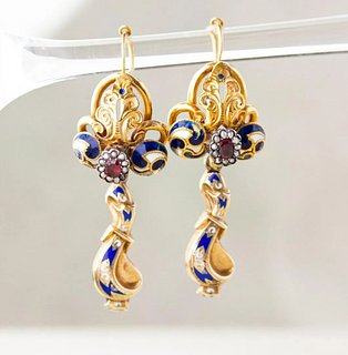 Victorian Garnet, Pearl & Enamel Repousse Earrings, 14k