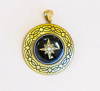 Victorian Star Pin with Banded Agate, Pearls & Black Enamel, 14k