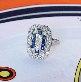 Art Deco Sapphire & Diamond Checkerboard Ring, Platinum