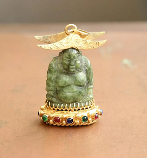Vintage Carved Jade Buddha Charm with Ruby, Sapphire & Emeralds