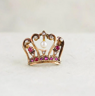 Antique Ruby & Pearl Crown Pin, 14k