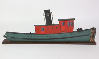 Vintage Maine Folk Art Flat Hull Tugboat Model