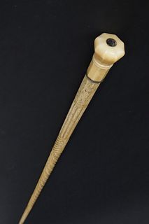 Whaleman Made Whale Ivory and Whalebone Carved Walking Stick, 19th Century