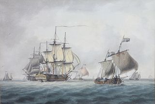 William Anderson Watercolor and Ink on Paper "A British Man-O-War Amid Shipping off the Dutch Coast"