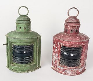 Pair of Antique Tin Port and Starboard Ship Lights, 19th Century