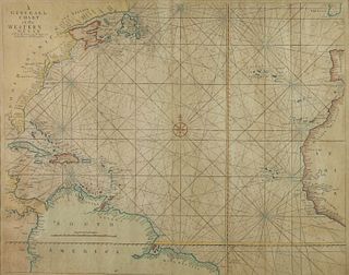 "A Generall Chart of the Western Ocean" Copper Engraving with Paint and Hand-Coloring