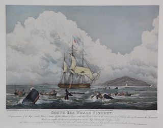 Antique Hand Colored Engraving "South Sea Whale Fishery, A Boat Destroyed by a Wounded Whale"