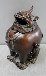 Antique Patinated Bronze Chinese Censer with Demon