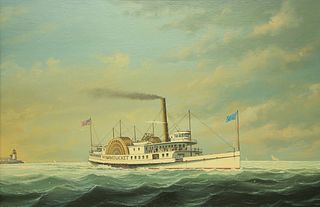 Salvatore Colacicco Oil on Board "Portrait of the Side-Wheeler Nantucket Leaving Brant Point"