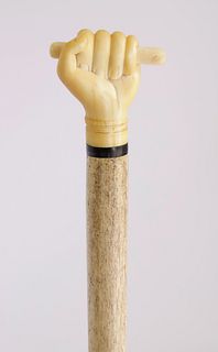 Whaleman Made Antique Whale Ivory Clenched Fist Walking Stick, circa 1860