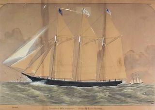 Benjamin Russell Watercolor, Gouache, and Ink Over Pencil Underdrawing Ship Portrait, circa 1874