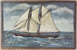 Vintage Relief Carved and Painted Two Masted Schooner Plaque