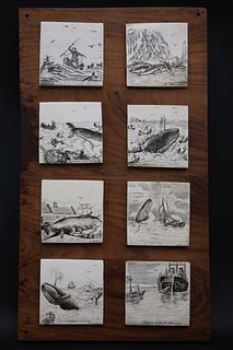 Collection of 8 Scrimshaw Bone Whaling Scene Plaques