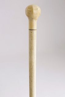 Whaleman Made Antique Whalebone Ball Knob Walking Stick, circa 1870