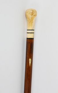 Large Antique Whale Ivory Knob Walking Stick, mid 19th Century