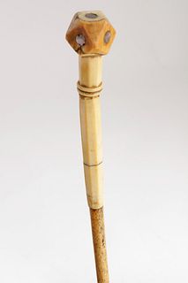 Whalerman Made Abalone Dot Inlaid Polyhedron Knob Walking Stick, 19th Century