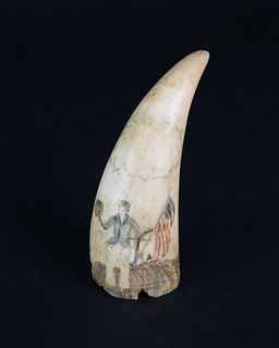 Scrimshawed and Polychromed Antique Sperm Whale Tooth, circa 1850