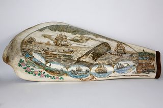 Michael Vienneau Scrimshawed Antique Whale Panbone Engraved with a Whaling Scene