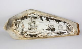 Scrimshaw Decorated Antique Panbone Depicting "The American Whale Fishery"