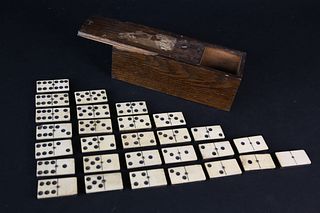 Boxed Set of Bone and Ebony Dominoes, 19th Century