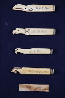 Set of Four Framed Whaleman Carved Bone Pipe Tamps, 19th Century