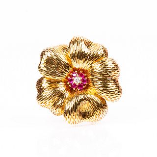 Tiffany & Co. 18K Ruby and Diamond Flower Brooch