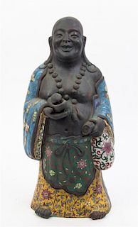 * A Cloisonne Decorated Cast Metal Figure of a Hotei Height 18 1/4 inches.