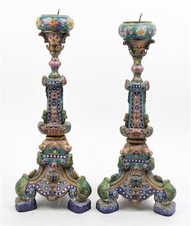 * A Pair of Cloisonne Pricket Sticks Height 23 inches.