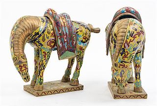 * A Pair of Cloisonne Models of Horses Width 14 inches.