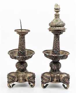 * Two Mongolian Style Silvered Metal Articles Height of taller 21 1/2 inches.