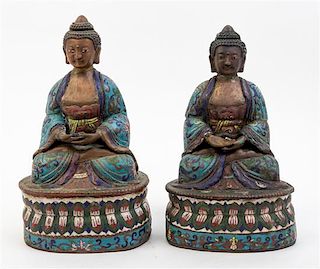 * A Pair of Cloisonne Figures of Buddha Height 12 1/2 inches.