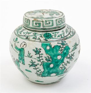 * A Small Famille Verte Porcelain Jar and Cover Height 5 3/4 inches.