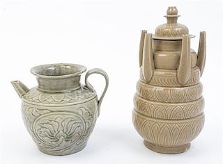 * Two Celadon Glazed Pottery Articles Height of tallest 10 1/2 inches.