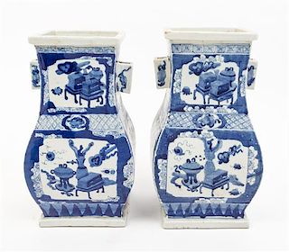 * A Pair of Blue and White Porcelain Vases Height 13 1/2 inches.